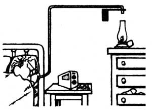 You don't have to get out of bed to blow out your lamp for the night. Just rig up a pipe like so.